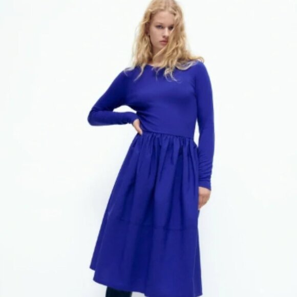 ZARA Cobalt Blue Dress size medium combination long sleeve - Picture 1 of 8